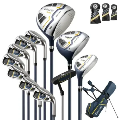 15dílná kompletní sada golfových holí golfový set s golfovým bagem a pláštěnkou žlutá