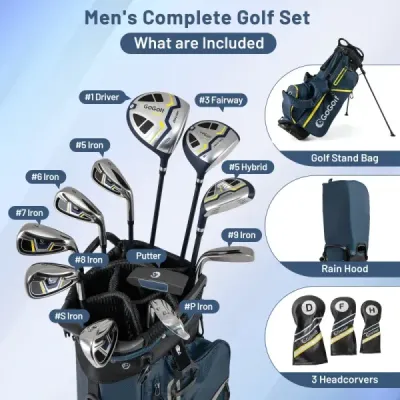 15dílná kompletní sada golfových holí golfový set s golfovým bagem a pláštěnkou žlutá