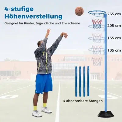 Branka na netball Volně stojící basketbalový koš s výškově nastavitelnou tyčí od 105 do 255 cm