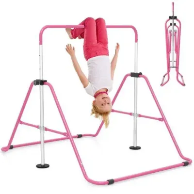 Dětská gymnastická hrazda 90–130 cm, výškově nastavitelná, skládací hrazda, růžová