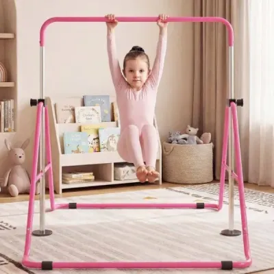 Dětská gymnastická hrazda 90–130 cm, výškově nastavitelná, skládací hrazda, růžová