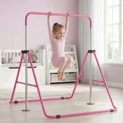 Dětská gymnastická hrazda 90–130 cm, výškově nastavitelná, skládací hrazda, růžová