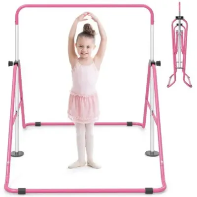 Dětská gymnastická hrazda 90–130 cm, výškově nastavitelná, skládací hrazda, růžová