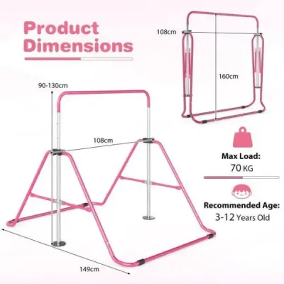 Dětská gymnastická hrazda 90–130 cm, výškově nastavitelná, skládací hrazda, růžová