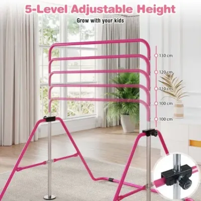 Dětská gymnastická hrazda 90–130 cm, výškově nastavitelná, skládací hrazda, růžová