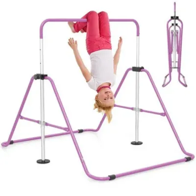 Dětská gymnastická hrazda 90–130 cm, výškově nastavitelná, skládací hrazda, gymnastická hrazda, fialová