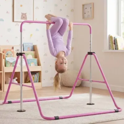 Dětská gymnastická hrazda 90–130 cm, výškově nastavitelná, skládací hrazda, gymnastická hrazda, fialová