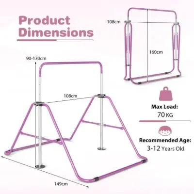 Dětská gymnastická hrazda 90–130 cm, výškově nastavitelná, skládací hrazda, gymnastická hrazda, fialová