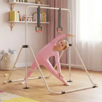 Dětská gymnastická hrazda s nastavitelnou výškou ve 4 směrech, s robustním kovovým rámem, béžová