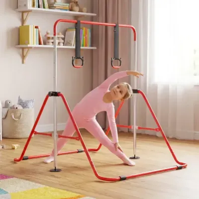 Dětská skládací gymnastická hrazda se 4 nastavitelnými výškami a gymnastickými kruhy, hrazda, červená