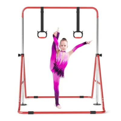Dětská skládací gymnastická hrazda se 4 nastavitelnými výškami a gymnastickými kruhy, hrazda, červená