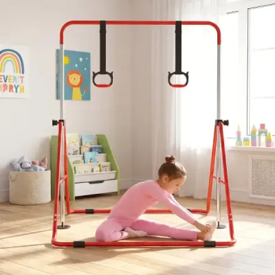 Dětská skládací gymnastická hrazda se 4 nastavitelnými výškami a gymnastickými kruhy, hrazda, červená