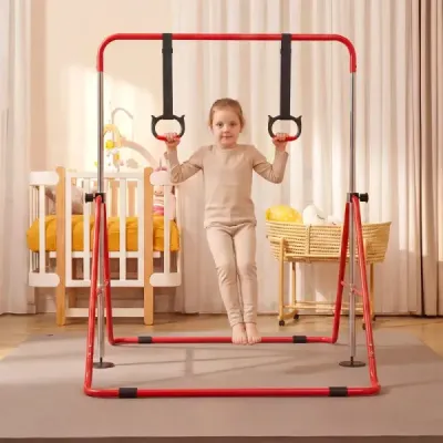 Dětská skládací gymnastická hrazda se 4 nastavitelnými výškami a gymnastickými kruhy, hrazda, červená