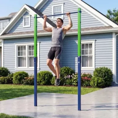 Hrazda na kliky, výškově nastavitelná 80–172 cm, stanice na dipy z pozinkované oceli, nosnost až 110 kg, modrá