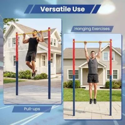 Hrazda na kliky, výškově nastavitelná 80–172 cm, stanice na dipy z pozinkované oceli, nosnost do 110 kg, červená