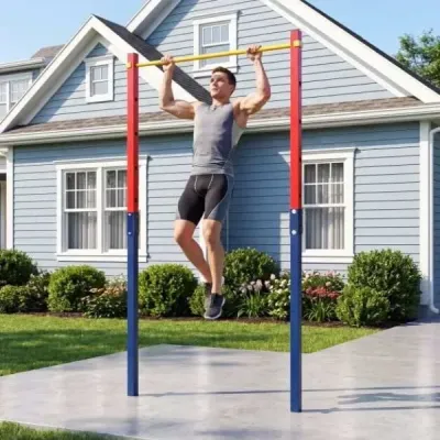Hrazda na kliky, výškově nastavitelná 80–172 cm, stanice na dipy z pozinkované oceli, nosnost do 110 kg, červená