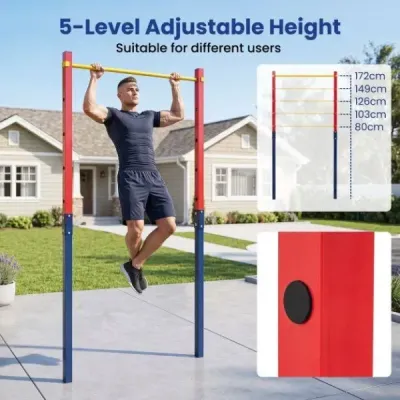 Hrazda na kliky, výškově nastavitelná 80–172 cm, stanice na dipy z pozinkované oceli, nosnost do 110 kg, červená