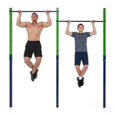 Dvojitá hrazda na kliky a pro vis, výškově nastavitelná 80–172 cm, stanice na dipy z pozinkované oceli, nosnost až 220 kg, modrá