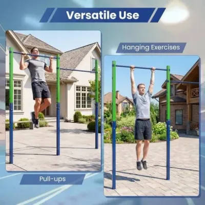 Dvojitá hrazda na kliky a pro vis, výškově nastavitelná 80–172 cm, stanice na dipy z pozinkované oceli, nosnost až 220 kg, modrá