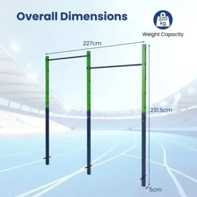 Dvojitá hrazda na kliky a pro vis, výškově nastavitelná 80–172 cm, stanice na dipy z pozinkované oceli, nosnost až 220 kg, modrá