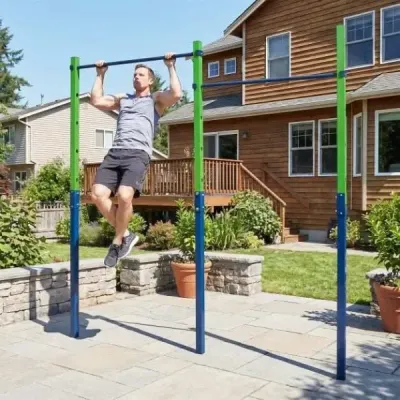 Dvojitá hrazda na kliky a pro vis, výškově nastavitelná 80–172 cm, stanice na dipy z pozinkované oceli, nosnost až 220 kg, modrá