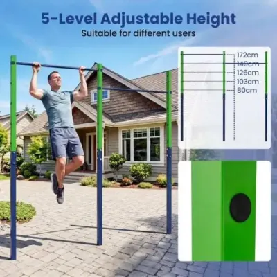 Dvojitá hrazda na kliky a pro vis, výškově nastavitelná 80–172 cm, stanice na dipy z pozinkované oceli, nosnost až 220 kg, modrá