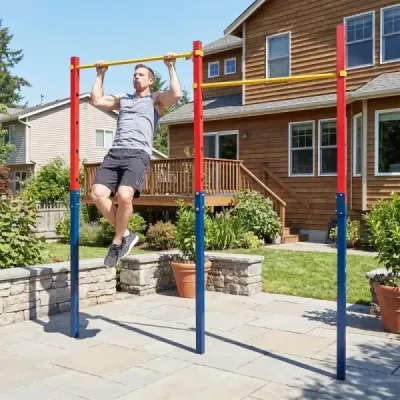 Dvojitá hrazda na kliky a přetahování, výškově nastavitelná 80–172 cm, z oceli, nosnost až 220 kg, červená