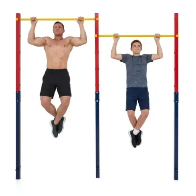 Dvojitá hrazda na kliky a přetahování, výškově nastavitelná 80–172 cm, z oceli, nosnost až 220 kg, červená