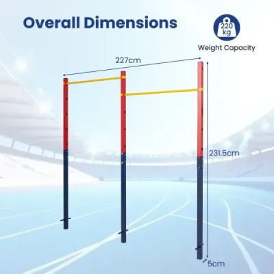 Dvojitá hrazda na kliky a přetahování, výškově nastavitelná 80–172 cm, z oceli, nosnost až 220 kg, červená
