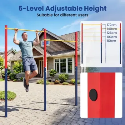 Dvojitá hrazda na kliky a přetahování, výškově nastavitelná 80–172 cm, z oceli, nosnost až 220 kg, červená