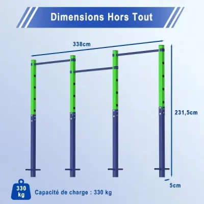 Hrazda na kliky, výškově nastavitelná 80–172 cm, z pozinkované oceli, nosnost až 330 kg, modrá