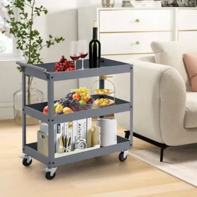 Robustní třípatrový pojízdný kovový přepravní vozík se 3 policemi a ergonomickou rukojetí šedý