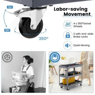Robustní třípatrový pojízdný kovový přepravní vozík se 3 policemi a ergonomickou rukojetí šedý