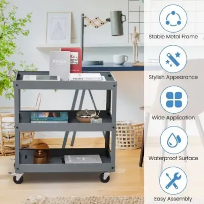 Robustní třípatrový pojízdný kovový přepravní vozík se 3 policemi a ergonomickou rukojetí šedý