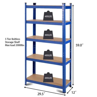 Úložný regál 5 úrovní s kovovým rámem, kovový regál, nosnost do 650 kg, 75 x 30 x 150 cm, modrá
