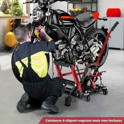 Zvedák na motorku do 680 kg 3stupňový výškově nastavitelný hydraulický zvedák na motorku červený