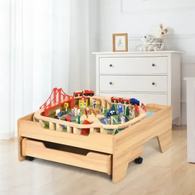 Dřevěný dětský železniční vláček Dřevěná železniční souprava Stůl pro aktivity se zásuvkou 78 x 63 x 33 cm Příroda
