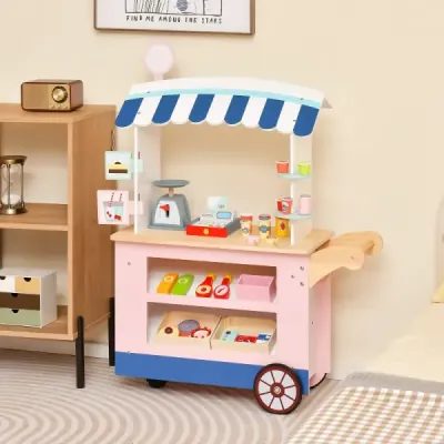 Dětský dřevěný vozík na jídlo na 3 kolech s pokladním food truckem pro děti od 3 let.