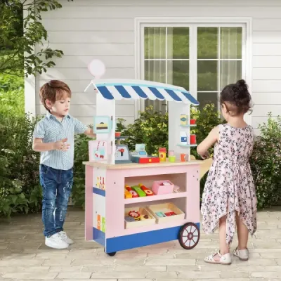 Dětský dřevěný vozík na jídlo na 3 kolech s pokladním food truckem pro děti od 3 let.