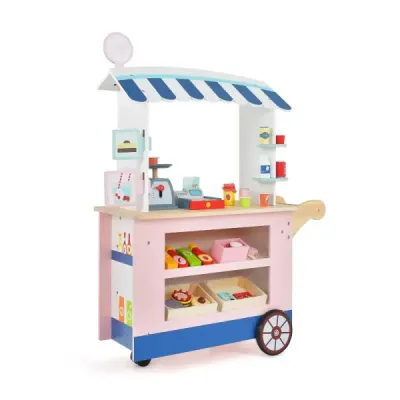 Dětský dřevěný vozík na jídlo na 3 kolech s pokladním food truckem pro děti od 3 let.