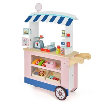 Dětský dřevěný vozík na jídlo na 3 kolech s pokladním food truckem pro děti od 3 let.