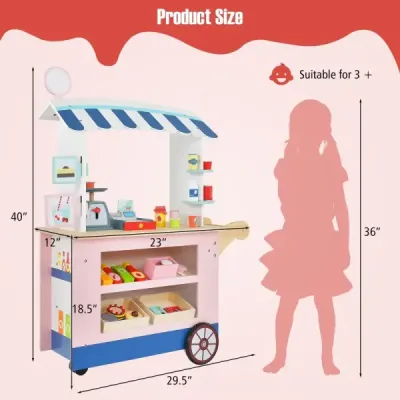 Dětský dřevěný vozík na jídlo na 3 kolech s pokladním food truckem pro děti od 3 let.
