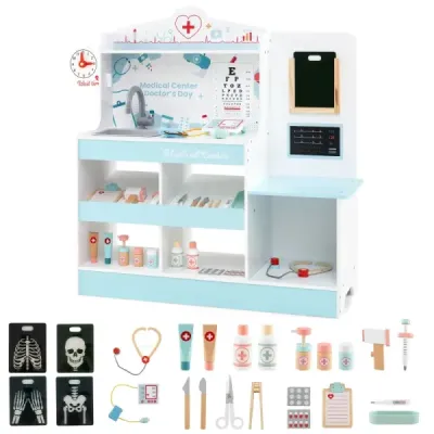 Dřevěný lékařský set na hraní lékařské centrum pro děti s hodinami umyvadlem oční testovací deska monitor EKG modrá