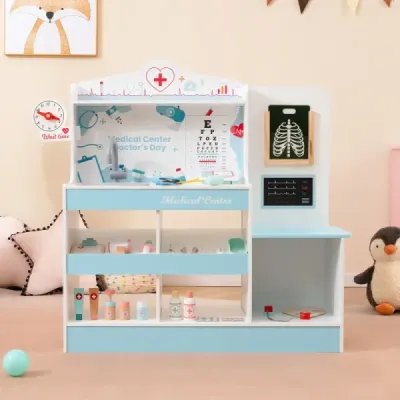 Dřevěný lékařský set na hraní lékařské centrum pro děti s hodinami umyvadlem oční testovací deska monitor EKG modrá
