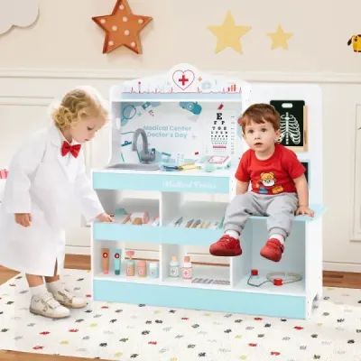 Dřevěný lékařský set na hraní lékařské centrum pro děti s hodinami umyvadlem oční testovací deska monitor EKG modrá