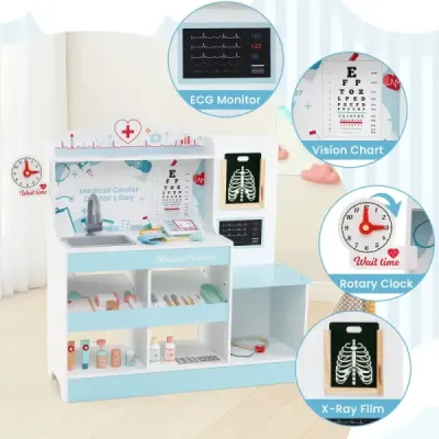Dřevěný lékařský set na hraní lékařské centrum pro děti s hodinami umyvadlem oční testovací deska monitor EKG modrá