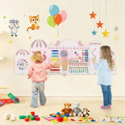 Aktivní stěna pro batolata 11v1 Montessori dřevěná nástěnná hračka pro vzdělávání a raný vývoj dětí růžová
