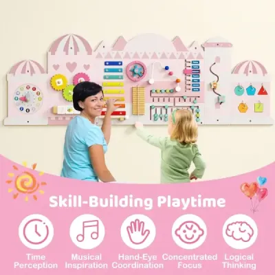 Aktivní stěna pro batolata 11v1 Montessori dřevěná nástěnná hračka pro vzdělávání a raný vývoj dětí růžová