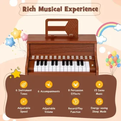 25klávesové mini digitální piano pro děti, elektrické piano s nastavitelnou rychlostí, hnědé