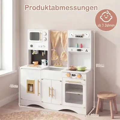 Dětská kuchyňka s kuchyňským příslušenstvím, dřevěná kuchyňka s mikrovlnnou troubou, 92 x 35 x 90 cm, pro děti od 3 let, bílá